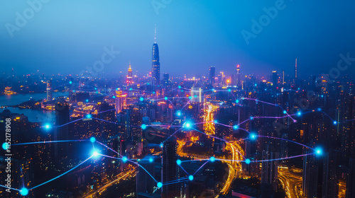 Wallpaper Mural Smart digital city with connection cyber security network reciprocity over the cityscape . future smart wireless digital city and social media networking systems that connects people within the city Torontodigital.ca