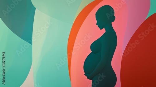 Silhouette of a pregnant woman gently touching her belly, set against a vibrant and colorful abstract background, conveying a sense of tenderness and anticipation