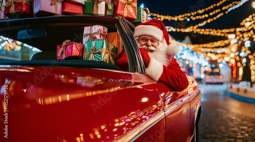 Santa Claus in a car loaded with presents  photo