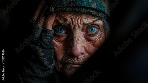 Wallpaper Mural An elderly woman with striking blue eyes peers intensely at the viewer, her weathered face conveying deep emotions and a lifetime of stories in each wrinkle. Torontodigital.ca