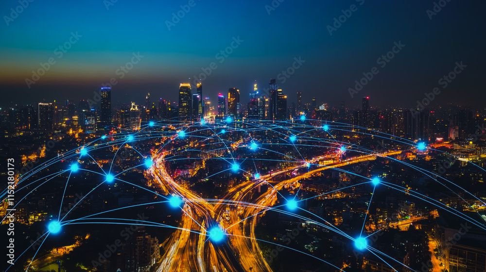 Fototapeta premium Smart digital city with connection cyber security network reciprocity over the cityscape . future smart wireless digital city and social media networking systems that connects people within the city