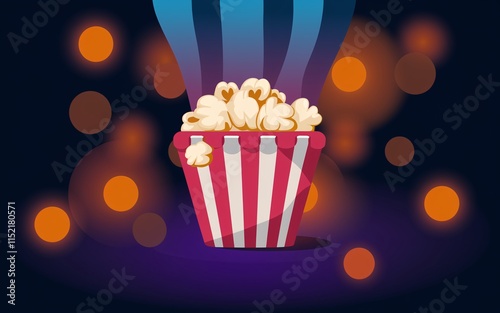 Popcorn in striped bucket, movie night.