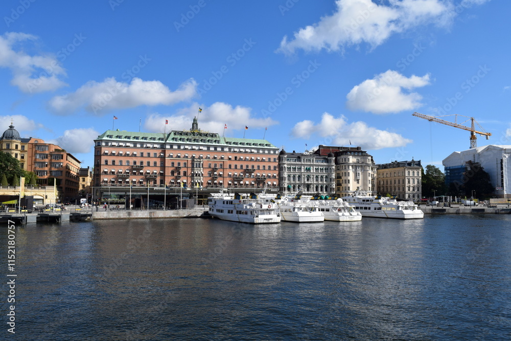 Fototapeta premium Archipelago Boats at Strömkajen in Front of the Grand Hotel, Stockholm, Sweden. 3 September 2015.