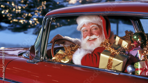 Santa Claus in a car loaded with presents  photo