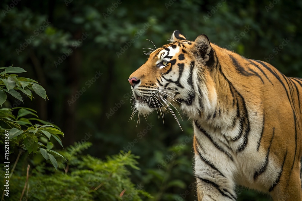 Fototapeta premium Tigers, the great hunters of the forest, are stealthy predators known for their striped coats, powerful builds, sharp instincts, and unmatched skill in stalking prey.