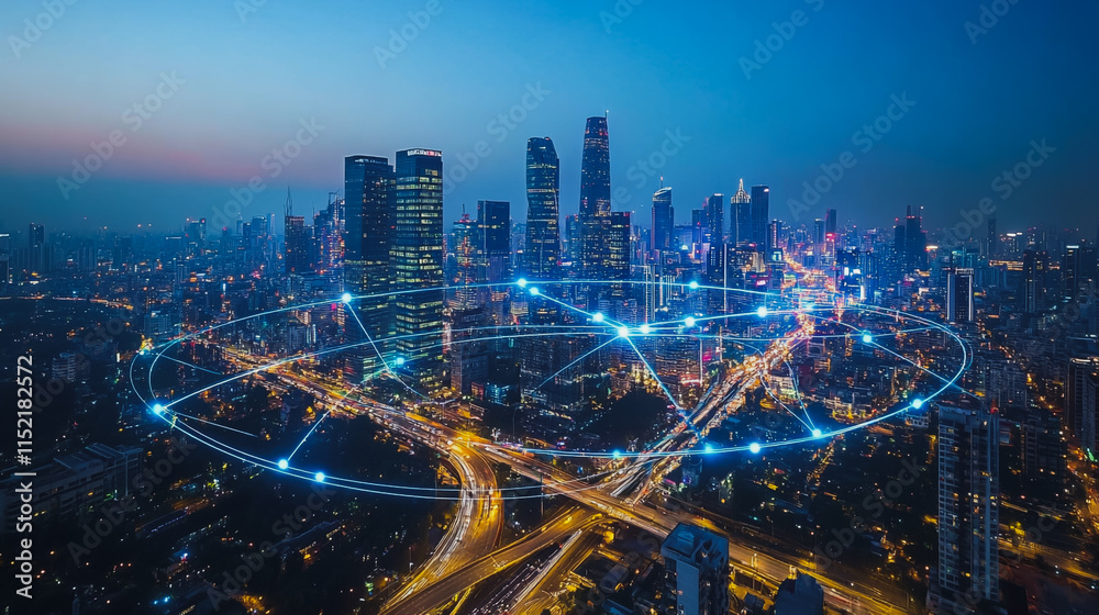 Obraz premium Smart digital city with connection cyber security network reciprocity over the cityscape . future smart wireless digital city and social media networking systems that connects people within the city