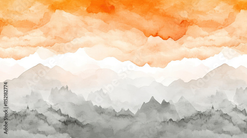 serene watercolor landscape featuring muted orange and white gradients blending into gray mountain silhouettes, evoking tranquil autumn evening