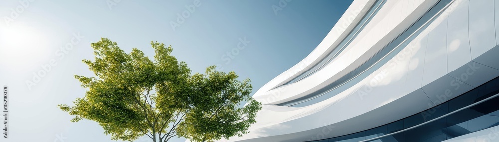 A modern architectural design featuring sleek lines, a white facade, and a solitary green tree under a bright blue sky. A modern architectural design featuring sleek lines, a white facade, and a solitary green tree under a bright blue sky.