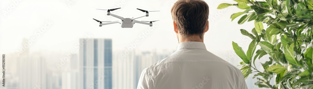 A person observes a drone flying above a cityscape, showcasing a blend of technology and urban life. A person observes a drone flying above a cityscape, showcasing a blend of technology and urban life.