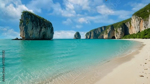 Tropical beach with crystal-clear water and rocky cliffs. Seamless looping 4k time-lapse animation video background