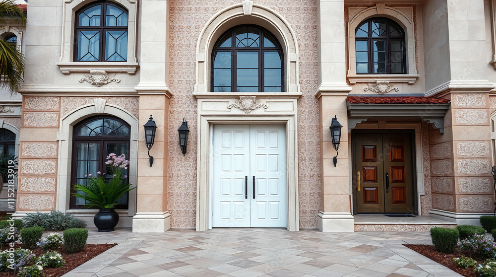 House Entrance with White Double Doors and Arch Windows House Entrance with White Double Doors and Arch Windows