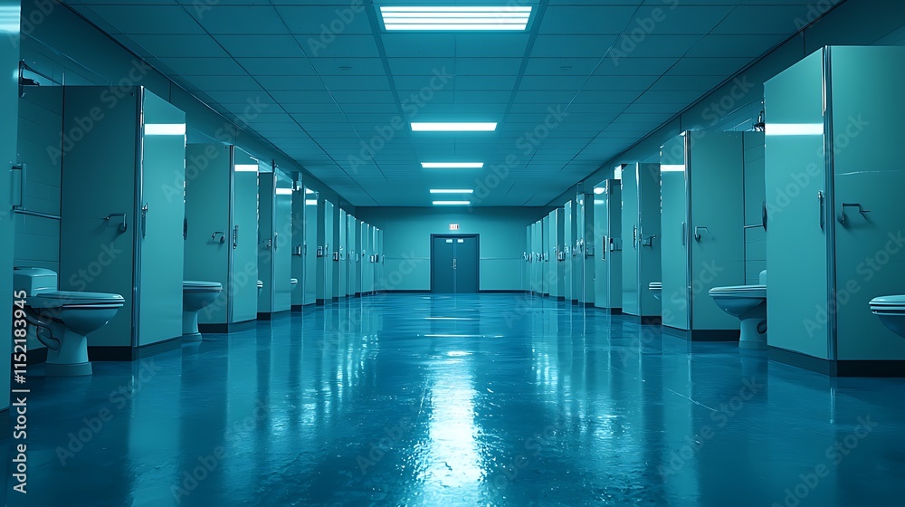 Fototapeta premium Long empty corridor with rows of toilets and doors