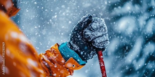  Detail of skier’s gloved hand gripping ski pole, with snowflakes clinging to fabric. A crisp and textured close-up highlighting winter sports gear in action.