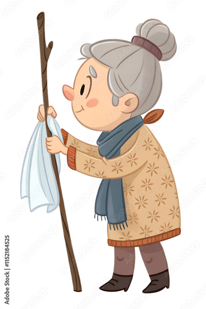 Elderly woman wiping a stick with a cloth while wearing a warm sweater and scarf during a sunny day in a peaceful outdoor setting Elderly woman wiping a stick with a cloth while wearing a warm sweater and scarf during a sunny day in a peaceful outdoor setting