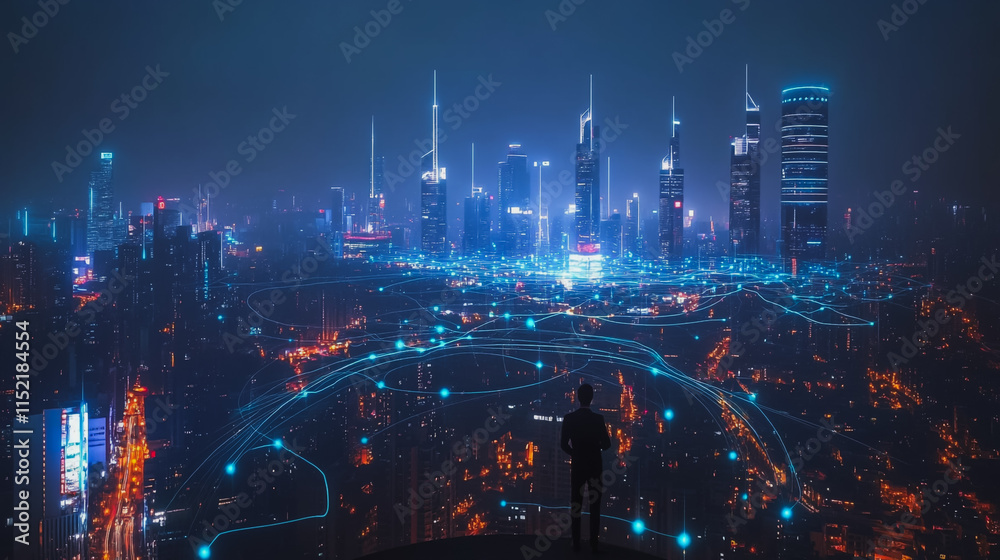 Smart digital city with connection cyber security network reciprocity over the cityscape . future smart wireless digital city and social media networking systems that connects people within the city Smart digital city with connection cyber security network reciprocity over the cityscape . future smart wireless digital city and social media networking systems that connects people within the city