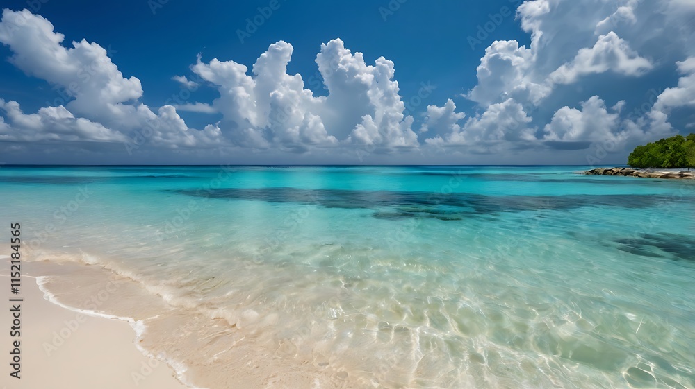 Fototapeta premium A sunny tropical beach with blue skies, clouds, and calm ocean waves