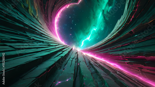 a massive crack in a cosmic dimension, glowing with iridescent hues of pink, green, and gold, with swirling vortexes and mysterious shadowy figures peeking through the fractures