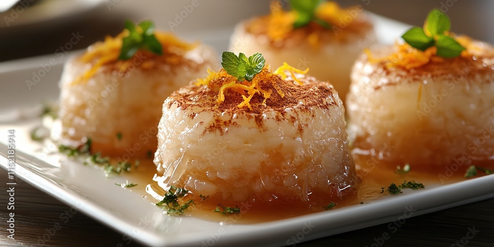  Kadaif with orange zest and cinnamon garnish, offering a unique twist to the traditional dessert. A fusion of citrus and spice enhancing the sweet treat.