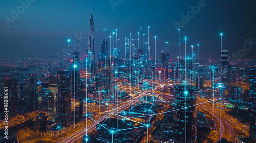 Wallpaper Mural Smart digital city with connection cyber security network reciprocity over the cityscape . future smart wireless digital city and social media networking systems that connects people within the city Torontodigital.ca