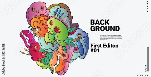 Vector abstract cartoon monster face, beak, fang, bird doodle design,and head colorful illustration.Banner and wallpaper background. landing page illustration