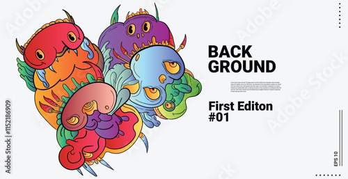 Vector abstract cartoon monster face, beak, fang, bird doodle design,and head colorful illustration.Banner and wallpaper background. landing page illustration