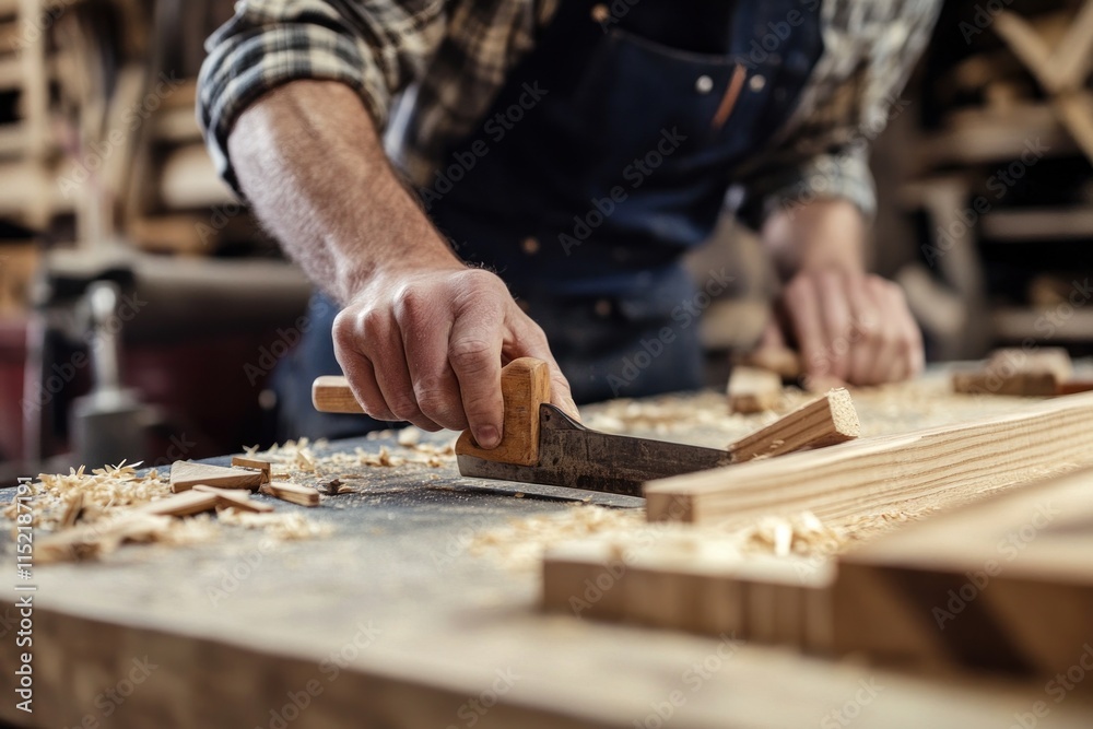 Carpenter Shaping Wood With Hand Plane In Workshop Carpenter Shaping Wood With Hand Plane In Workshop