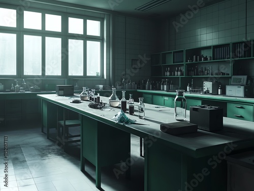 Abandoned science lab, green, dusty.