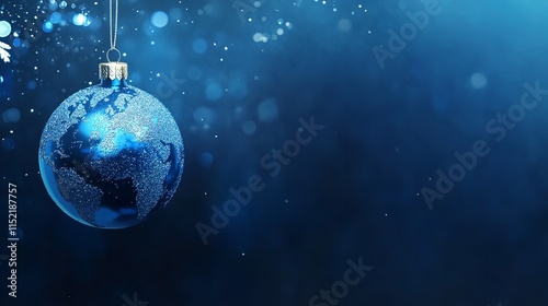 Fototapeta Naklejka Na Ścianę i Meble -  Map of the Christmas World Globe Ornament Ball with Copy Space on a Blue Banner. Generative Ai