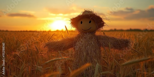  Straw scarecrow in a field of tall grass, with loose hay strands forming its body. A rustic and traditional scene symbolizing agricultural heritage. photo