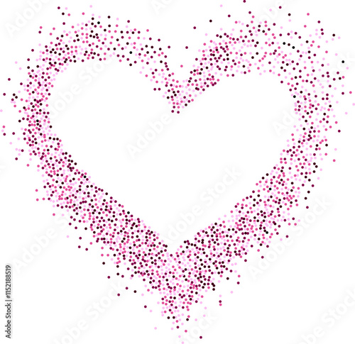 Creative frame of circular pink particles, heart shaped powder. For love-themed and romantic designs, Valentine's day, the artistic arrangement conveys charm and elegance with heart-shaped elements.