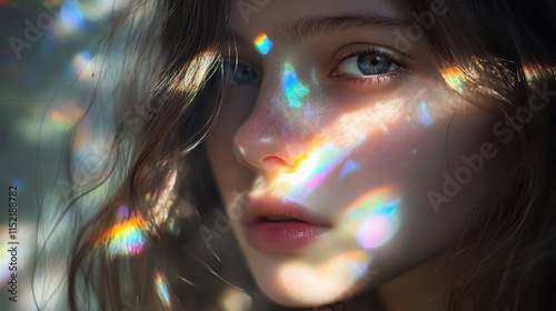 A captivating portrait of a girl with shimmering light patterns illuminating her features, highlighting her beauty. photo