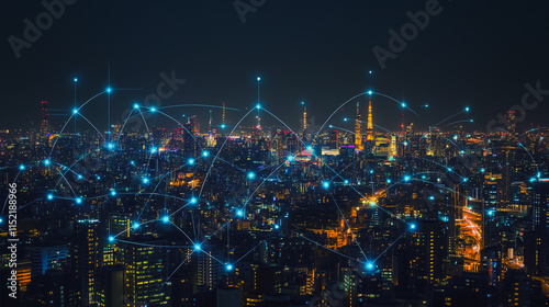 Wallpaper Mural Smart digital city with connection cyber security network reciprocity over the cityscape . future smart wireless digital city and social media networking systems that connects people within the city Torontodigital.ca