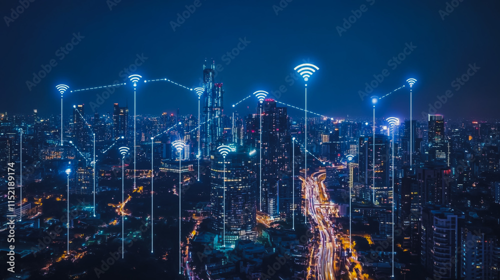 Fototapeta premium Smart digital city with connection cyber security network reciprocity over the cityscape . future smart wireless digital city and social media networking systems that connects people within the city