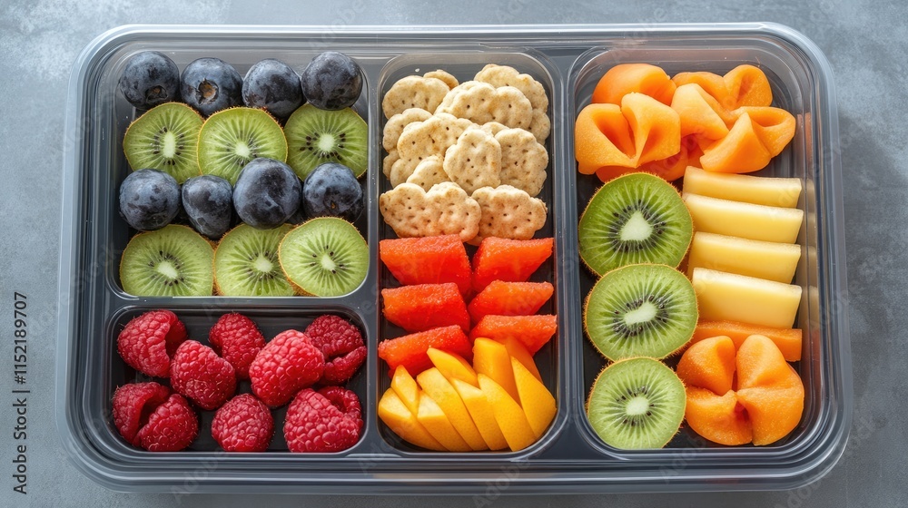 High-angle view of kidsâ€™ healthy lunch box with creative fruit shapes and whole-grain snacks, [child-friendly nutritious food], [parenting lifestyle]