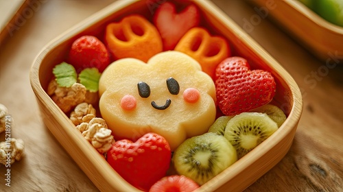 High-angle view of kidsâ€™ healthy lunch box with creative fruit shapes and whole-grain snacks, [child-friendly nutritious food], [parenting lifestyle]