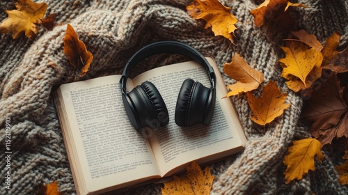 Autumnal Scene Featuring Headphones Book And Leaves photo