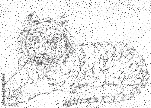 Abstract laying tiger created from dots, showcasing a modern and creative interpretation. Ideal for nature-themed designs, the dot art technique adds a unique and stylish flair to the image.