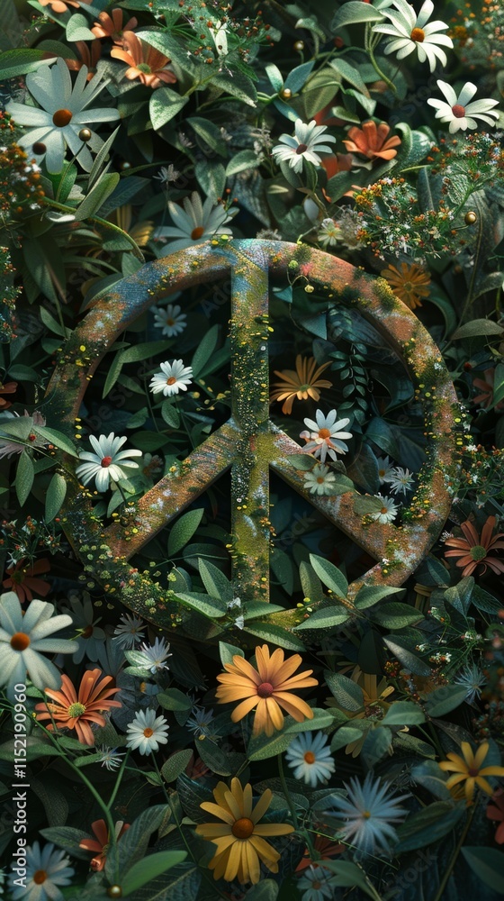 A peace sign is surrounded by a bunch of flowers. The peace sign is made of wood and has a green and brown color. The flowers are of different colors and are scattered around the peace sign A peace sign is surrounded by a bunch of flowers. The peace sign is made of wood and has a green and brown color. The flowers are of different colors and are scattered around the peace sign
