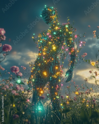 Digital leuchtende Menschengestalt in Natur