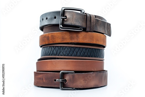 A stack of various leather belts in different colors and textures.