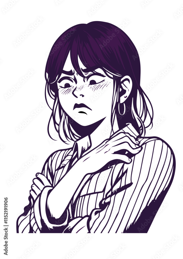 personagem, mulher braços cruzados, raiva, nojo, emoção, careta, frio