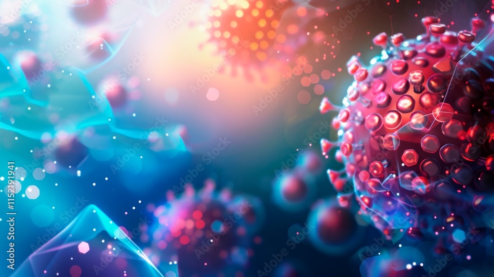 A close up of a virus with a blue background. The virus is surrounded by a red and blue background A close up of a virus with a blue background. The virus is surrounded by a red and blue background