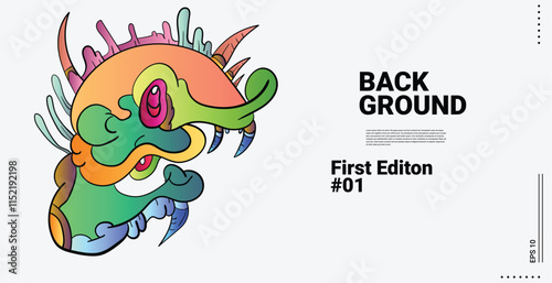 Design Abstract doodle art Object Landing Page Concept Red Background. Face or Bird character with funny faces. Smiling monster, monsters with big eyes and teeth, Fang, bird, cute illustration