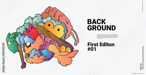 Vector abstract cartoon monster face, beak, fang, bird doodle design,and head colorful illustration.Banner and wallpaper background. landing page illustration