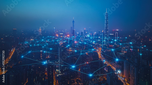 Wallpaper Mural Smart digital city with connection cyber security network reciprocity over the cityscape . future smart wireless digital city and social media networking systems that connects people within the city Torontodigital.ca