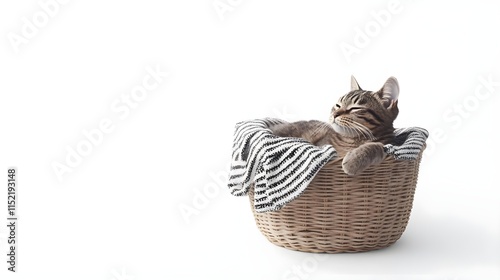 Cute Adorable Little Cat in Watercolor Style Relaxing in Basket