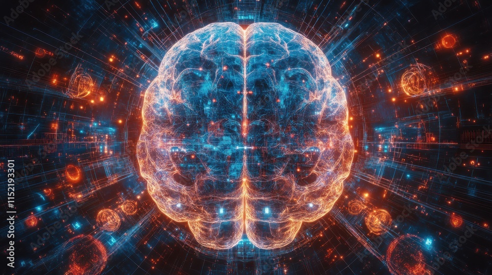 Obraz premium Futuristic glowing brain, digital neural network, abstract AI concept.