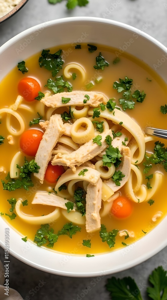 Delicious homemade chicken noodle soup with fresh herbs and vegetables. Delicious homemade chicken noodle soup with fresh herbs and vegetables.