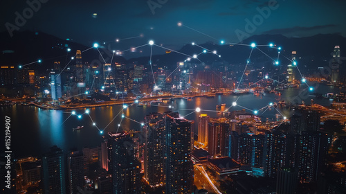 Wallpaper Mural Smart digital city with connection cyber security network reciprocity over the cityscape . future smart wireless digital city and social media networking systems that connects people within the city Torontodigital.ca