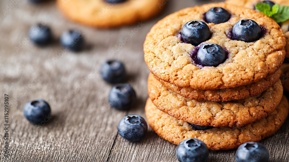 Delicious homemade blueberry cookies stacked on a rustic wooden table with fresh blueberries. Delicious homemade blueberry cookies stacked on a rustic wooden table with fresh blueberries.